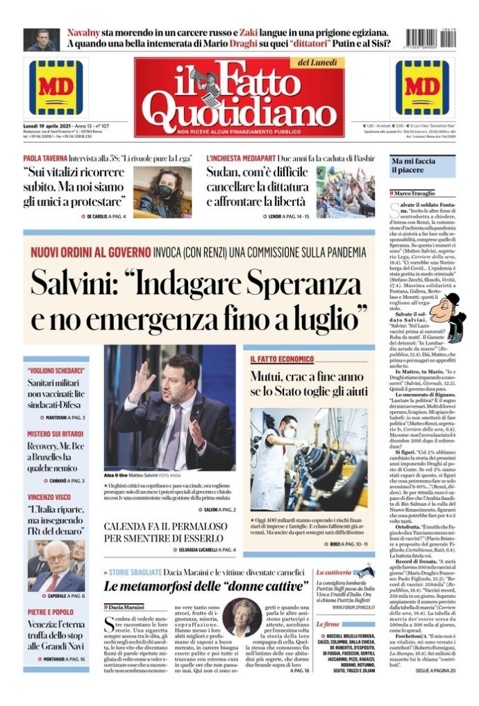 Copertina di lunedì 19 aprile 2021