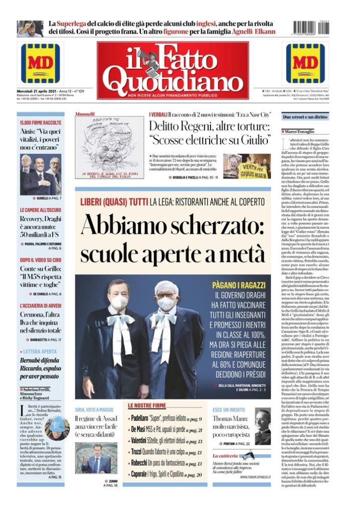 Copertina di mercoledì 21 aprile 2021