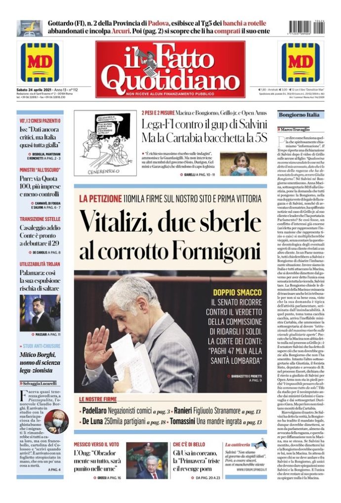 Copertina di sabato 24 aprile 2021