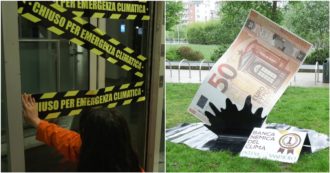 Copertina di A Torino Greenpeace e ReCommon protestano contro Intesa Sanpaolo: gli attivisti “chiudono” 11 filiali. “Banca nemica del clima numero 1”