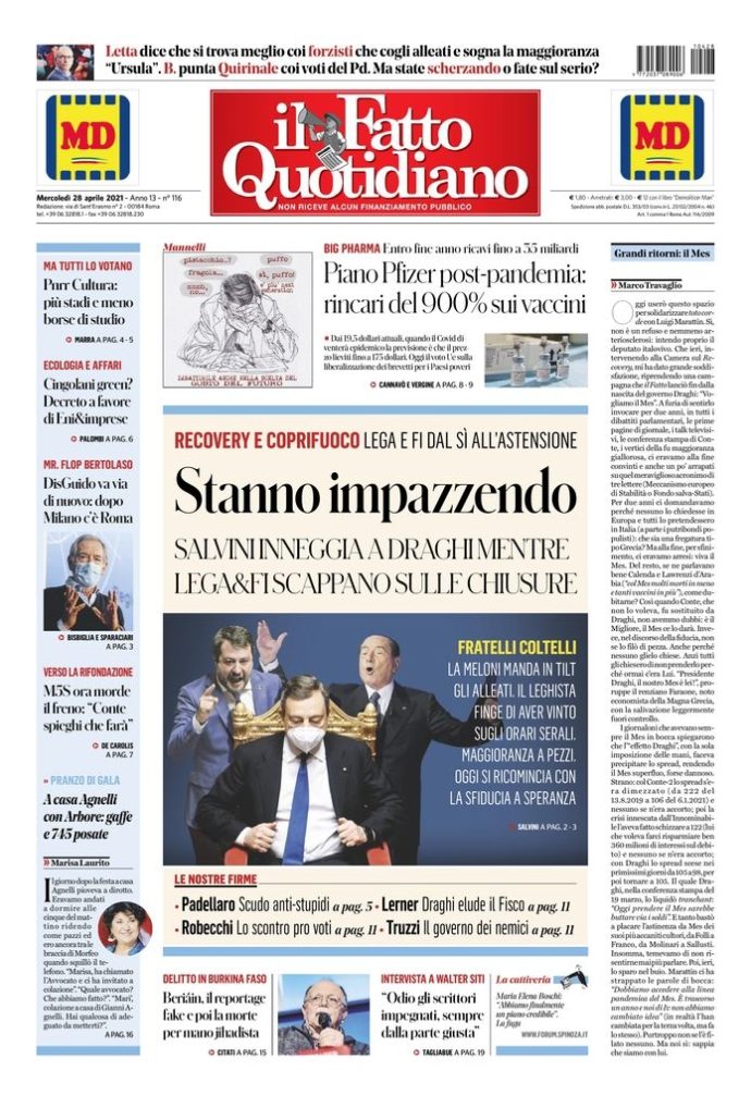 Copertina di mercoledì 28 aprile 2021