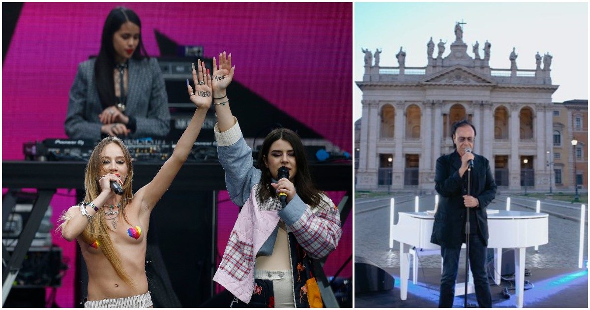 Concertone Primo Maggio, Fedez protagonista. Chadia sul palco in topless per la “libertà di amare chi vuoi”. E Venditti omaggia Berlinguer