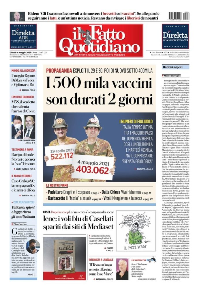 Copertina di giovedì 6 maggio 2021