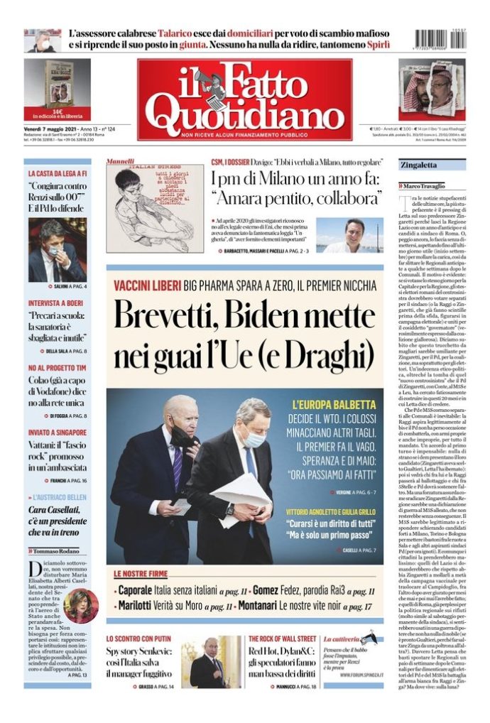 Copertina di venerdì 7 maggio 2021