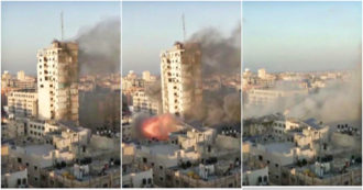 Copertina di Gaza, attacco aereo israeliano abbatte la torre di Al-Sharouk di 14 piani: il palazzo si sbriciola in pochi secondi – Video