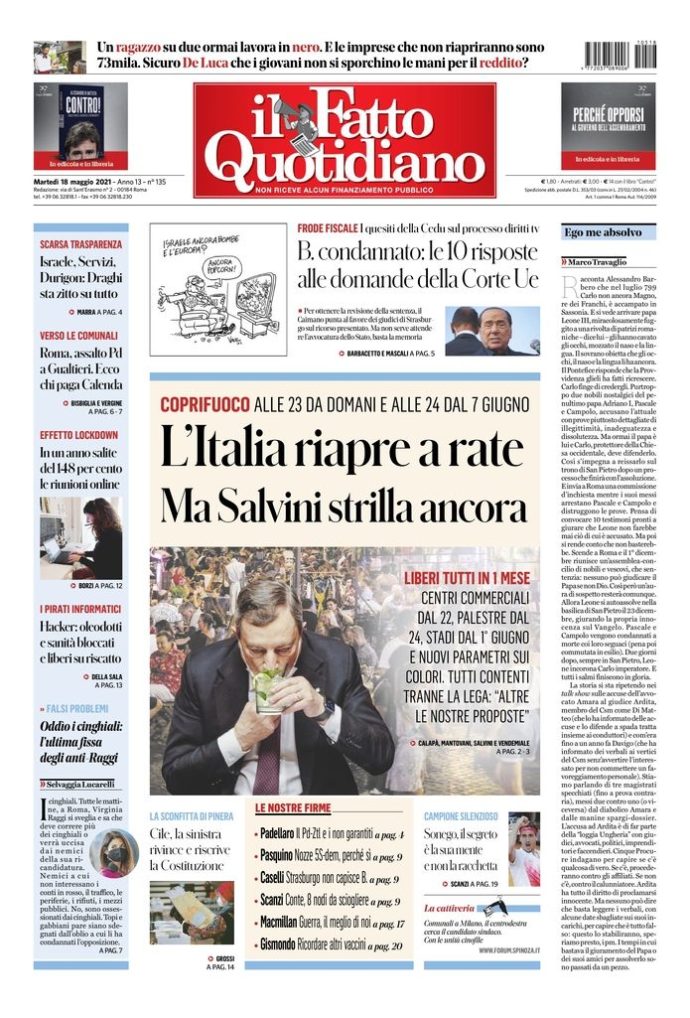 Copertina di martedì 18 maggio 2021