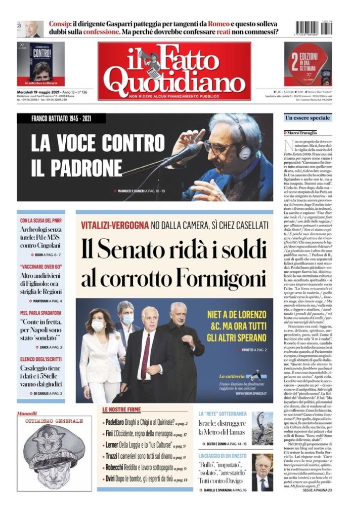 Copertina di mercoledì 19 maggio 2021