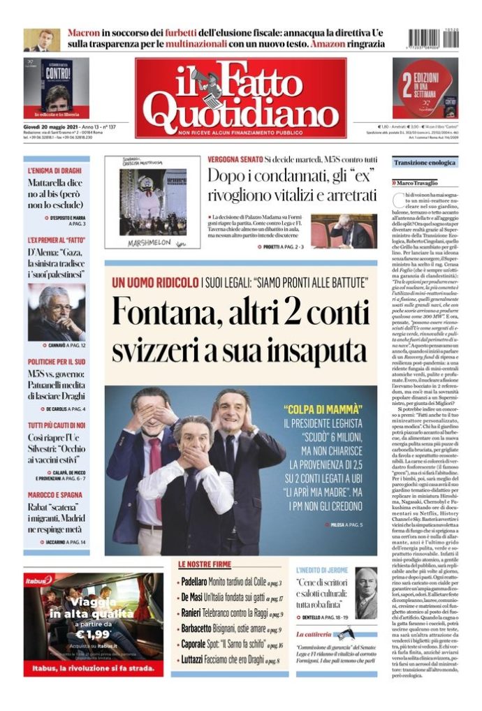 Copertina di giovedì 20 maggio 2021