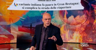 Copertina di Crozza, nel monologo sulle riaperture irrompe Crisanti: “Altro che Capri, il Ferragosto lo passate in cantina”