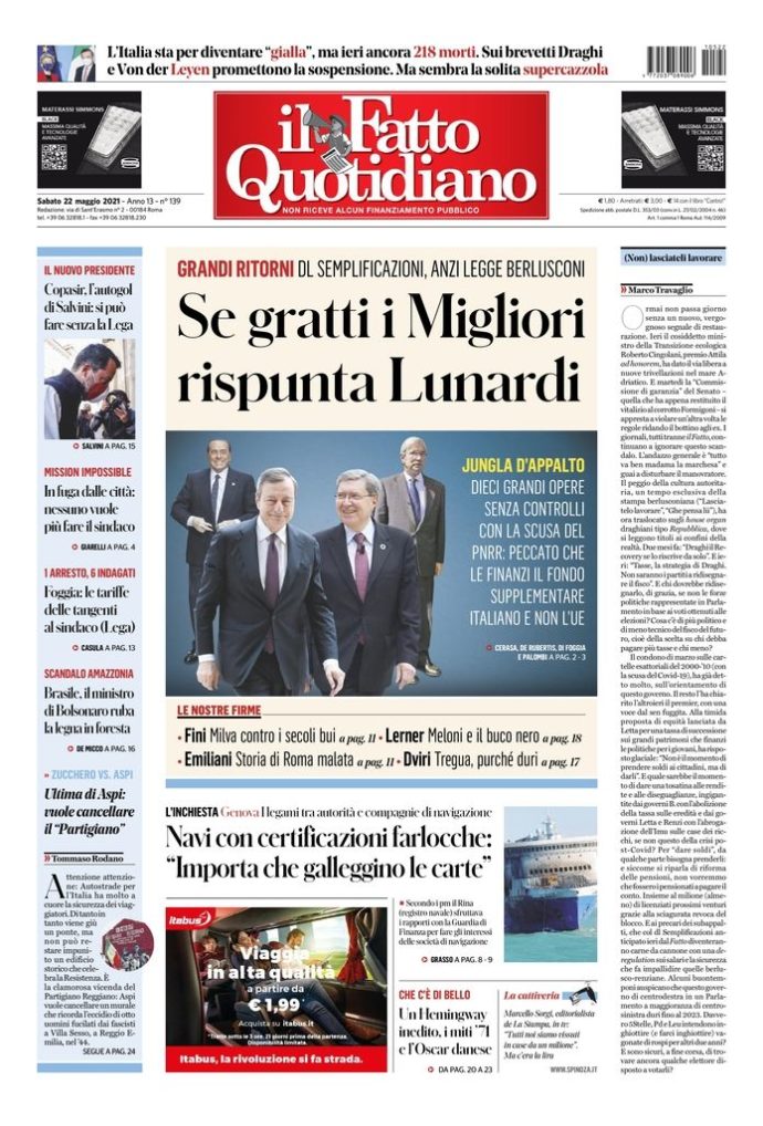 Copertina di sabato 22 maggio 2021