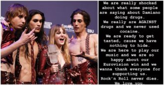 Copertina di Eurovision 2021, “Damiano dei Maneskin stava sniffando cocaina durante la premiazione”: ma è una bufala. E la band spiega cosa è accaduto