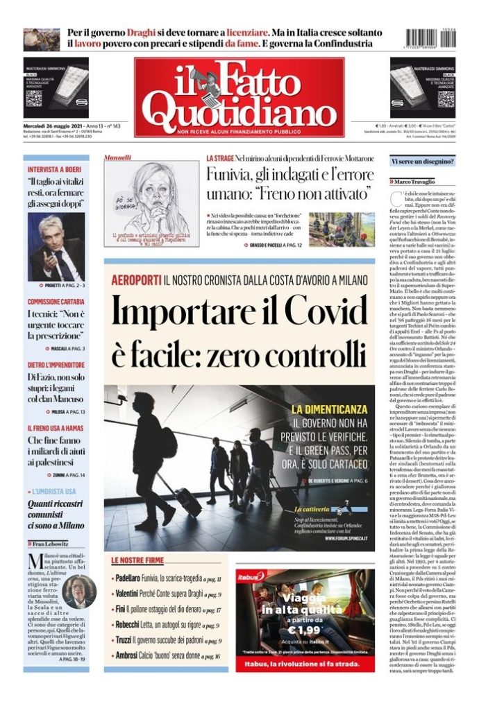 Copertina di mercoledì 26 maggio 2021