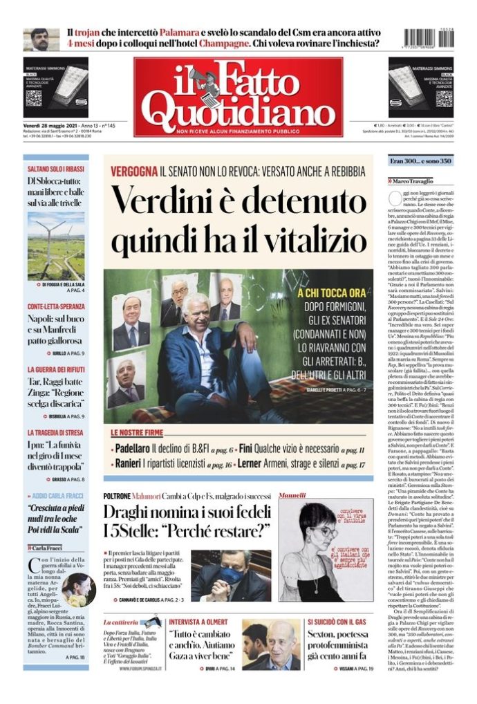 Copertina di venerdì 28 maggio 2021