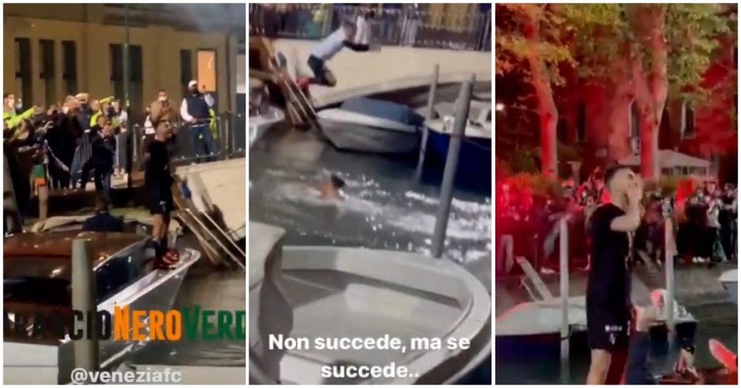 Festa per il Venezia in serie A, Brugnaro e i tifosi scatenati: i calciatori e la dirigenza si tuffano in un canale