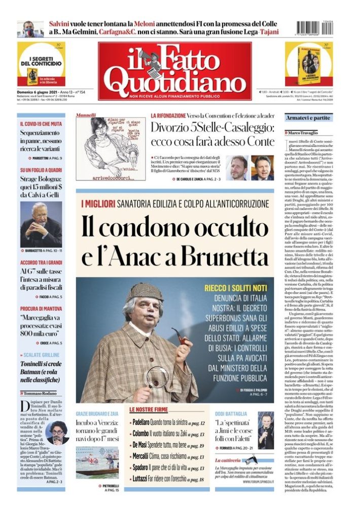 Copertina de Il Fatto Quotidiano di Dom 6 Giugno 2021