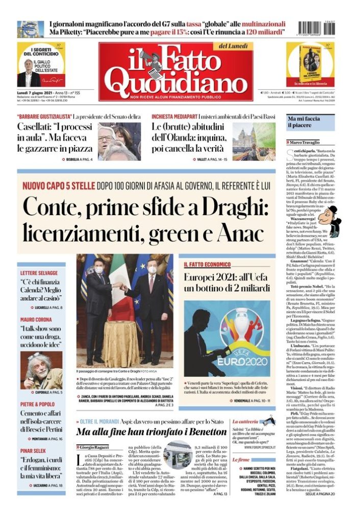 Copertina di lunedì 7 giugno 2021