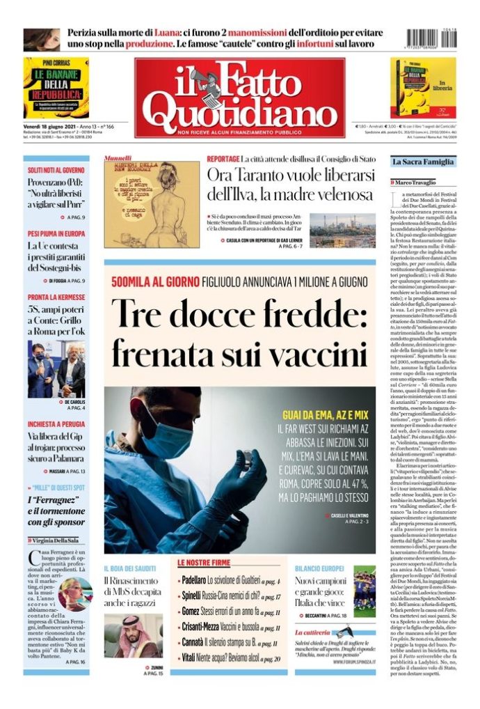 Copertina di venerdì 18 giugno 2021