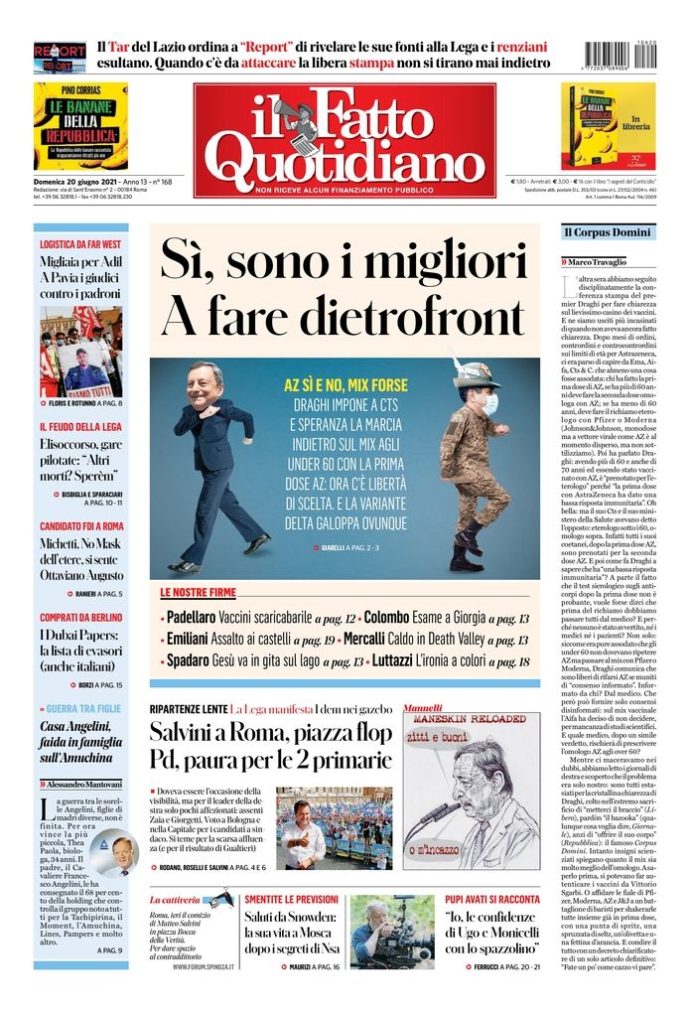 Copertina di domenica 20 giugno 2021