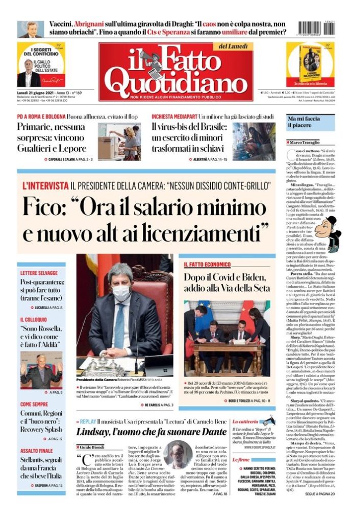 Copertina di lunedì 21 giugno 2021