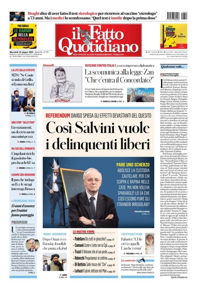 Copertina di mercoledì 23 giugno 2021