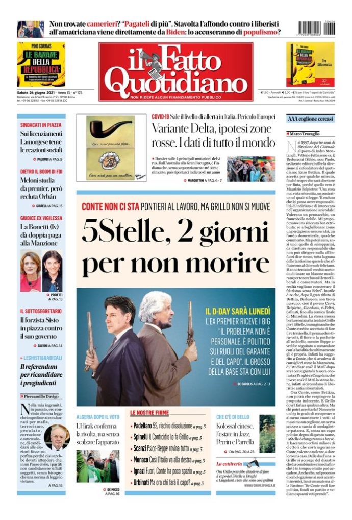 Copertina di sabato 26 giugno 2021