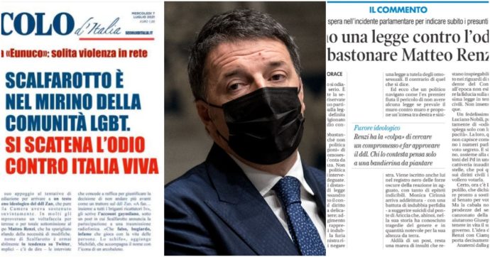 Ddl Zan, ora Renzi diventa un martire per la destra: da Libero a Storace su Il Tempo fino al Secolo d’Italia, tutti in difesa del leader di Iv