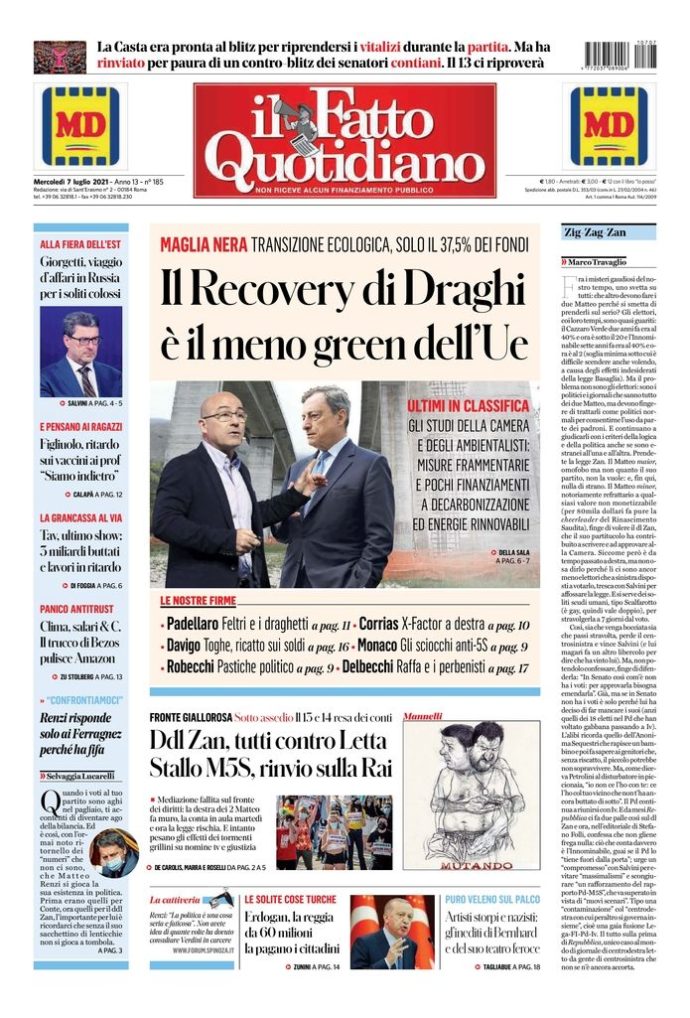 Copertina de Il Fatto Quotidiano di Mer 7 Luglio 2021