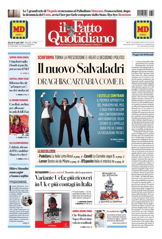 Copertina di giovedì 8 luglio 2021