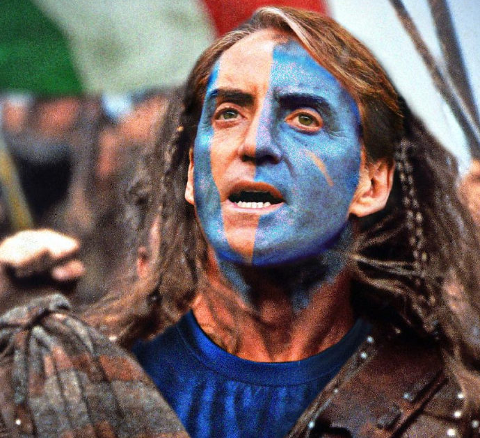 Italia-Inghilterra, il ct Roberto Mancini diventa l’eroe William Wallace su un tabloid scozzese: “Salvaci, sei la nostra ultima speranza”