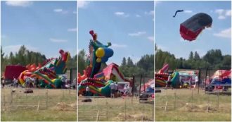 Copertina di La folata di vento sorprende i bambini al parco dei gonfiabili: ne solleva uno a 9 metri da terra – Video