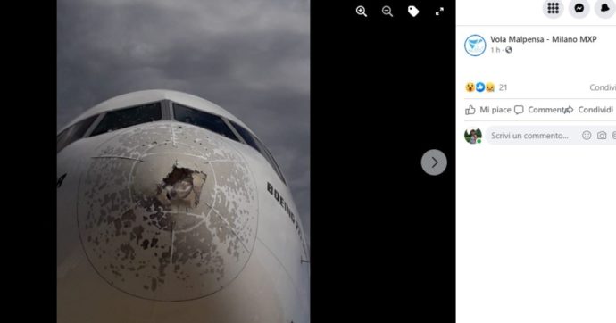 Malpensa, Boeing decolla ed entra in una tempesta di grandine: atterraggio d’emergenza, vetri e fusoliera danneggiati