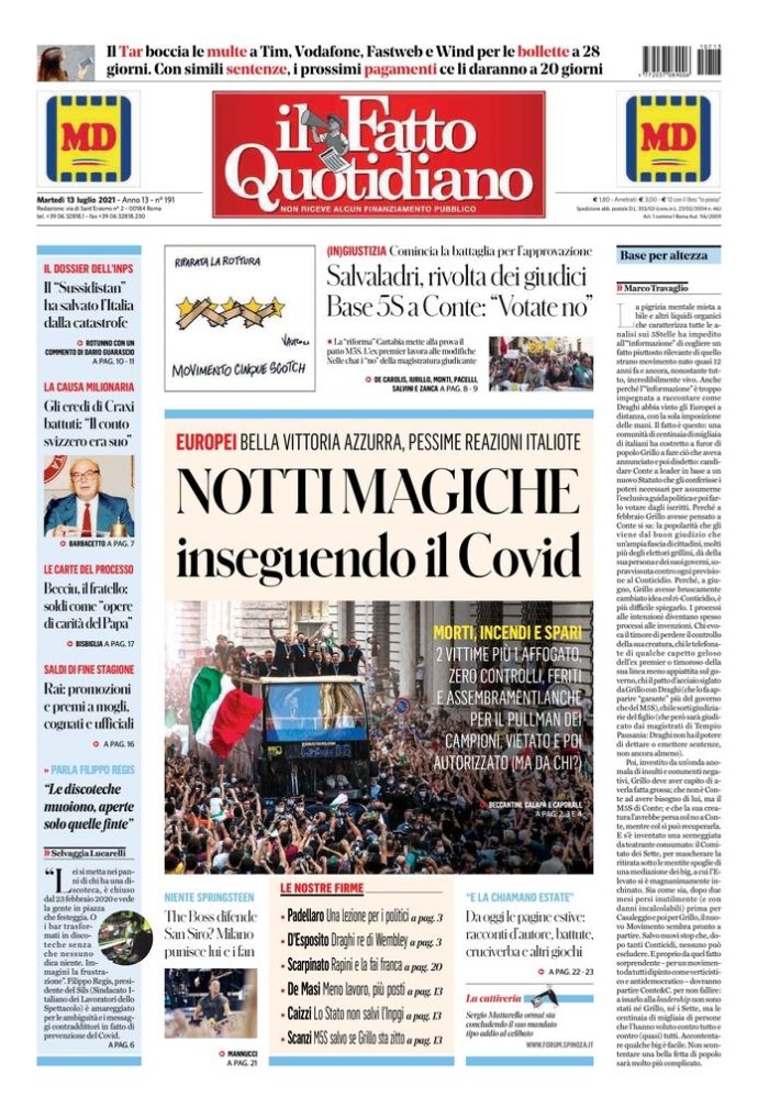 Copertina di martedì 13 luglio 2021