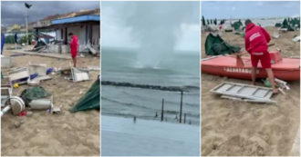 Copertina di Paura a Falconara, violenta tromba d’aria colpisce la spiaggia: ombrelloni spezzati e lettini capovolti – Video