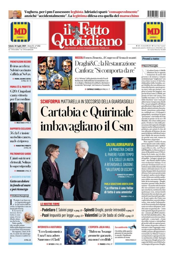 Copertina di sabato 24 luglio 2021