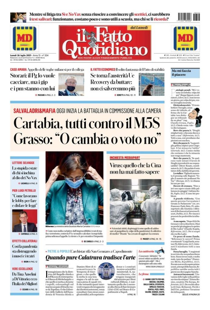 Copertina di lunedì 26 luglio 2021