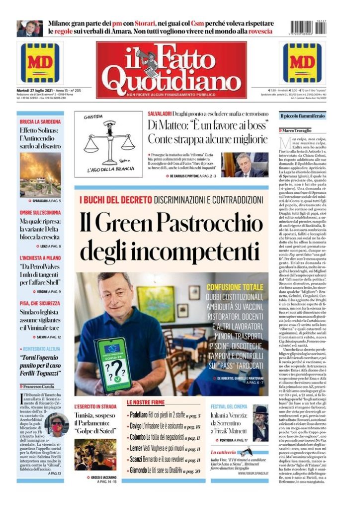 Copertina di martedì 27 luglio 2021