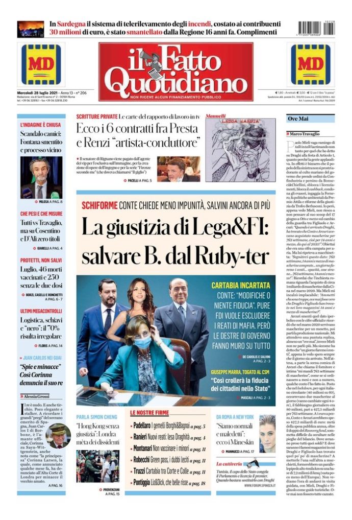 Copertina di mercoledì 28 luglio 2021