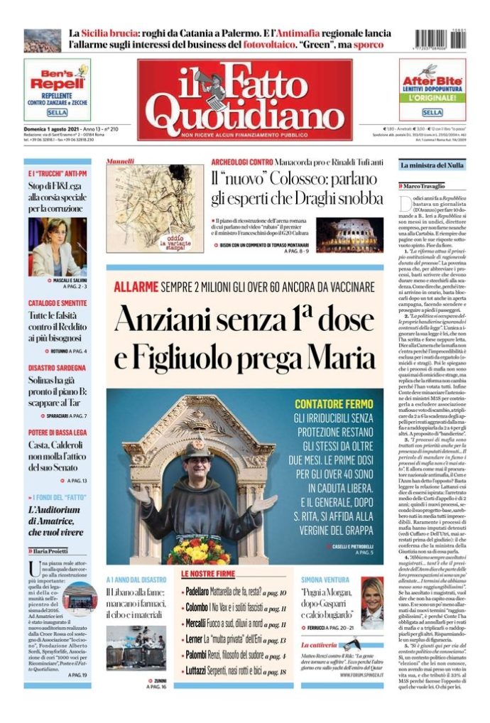 Copertina di domenica 1 agosto 2021