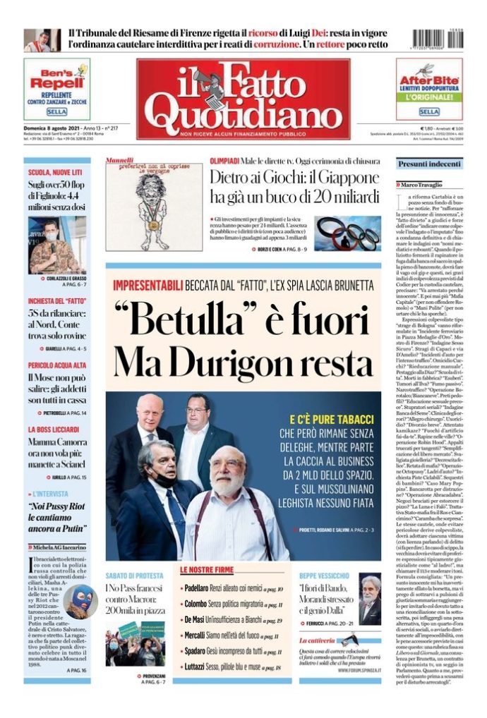 Copertina de Il Fatto Quotidiano di Dom 8 Agosto 2021