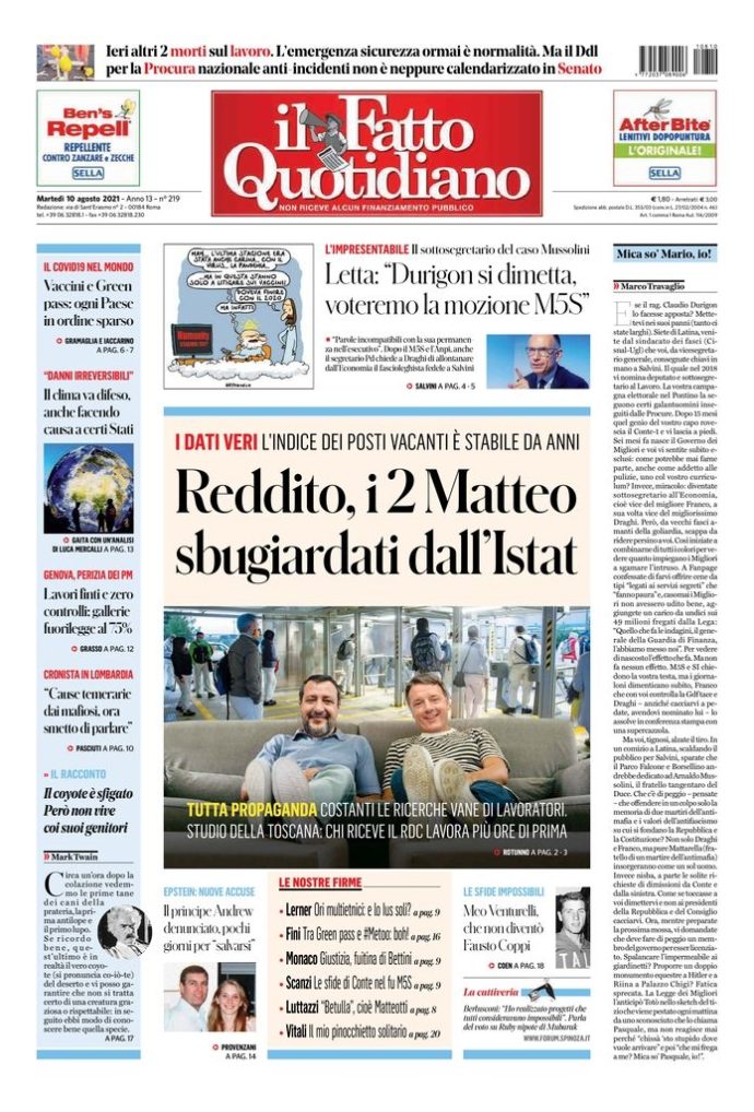 Copertina di martedì 10 agosto 2021