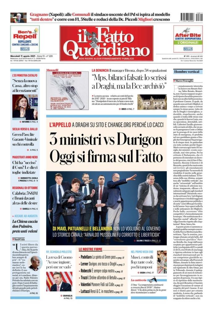 Copertina di mercoledì 11 agosto 2021