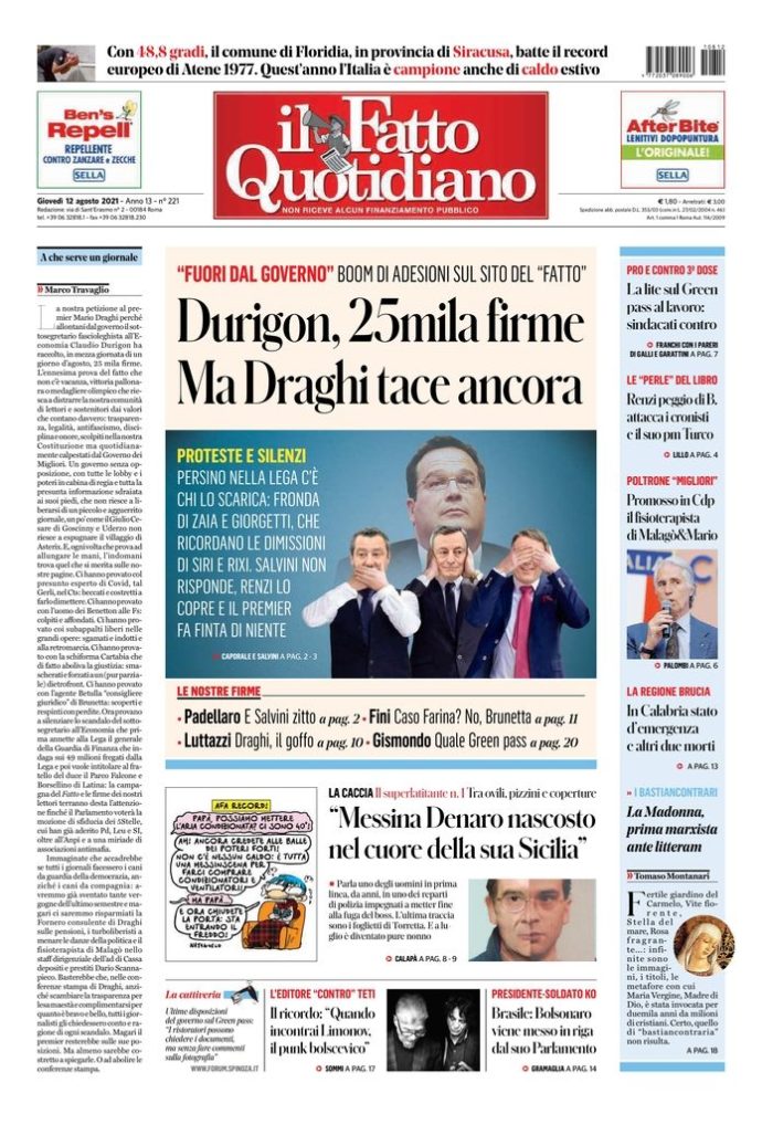 Copertina di giovedì 12 agosto 2021