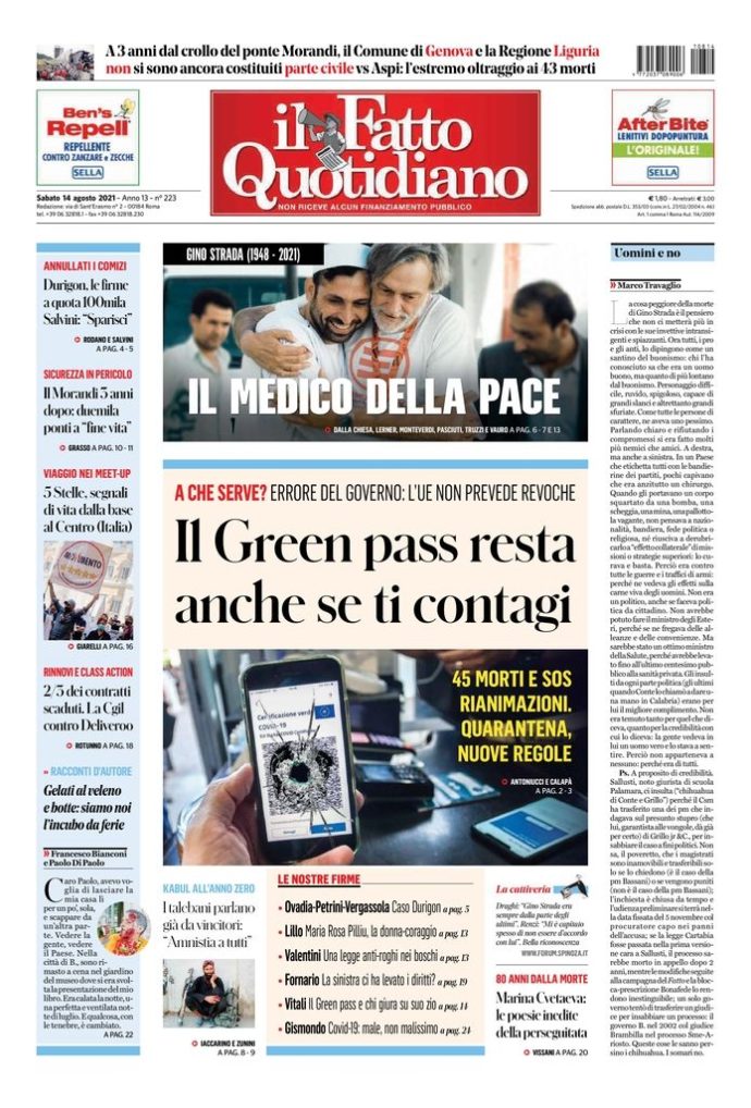 Copertina di sabato 14 agosto 2021