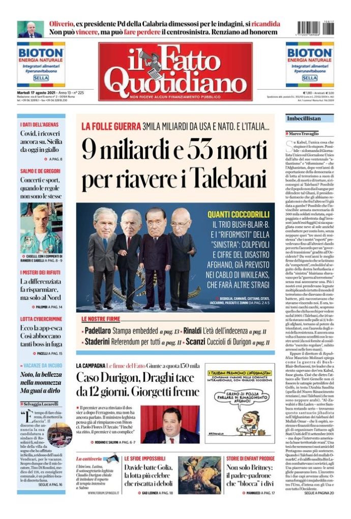 Copertina di martedì 17 agosto 2021