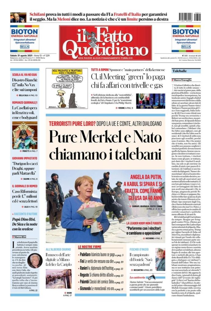 Copertina di sabato 21 agosto 2021