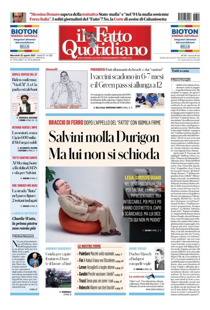 Copertina di mercoledì 25 agosto 2021