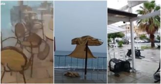 Copertina di Nubifragio nel Catanzarese, venti forte e pioggia spazzano via tavoli e sedie dai locali all’aperto: le immagini – Video