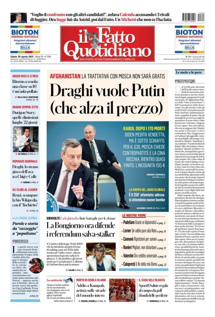 Copertina di sabato 28 agosto 2021