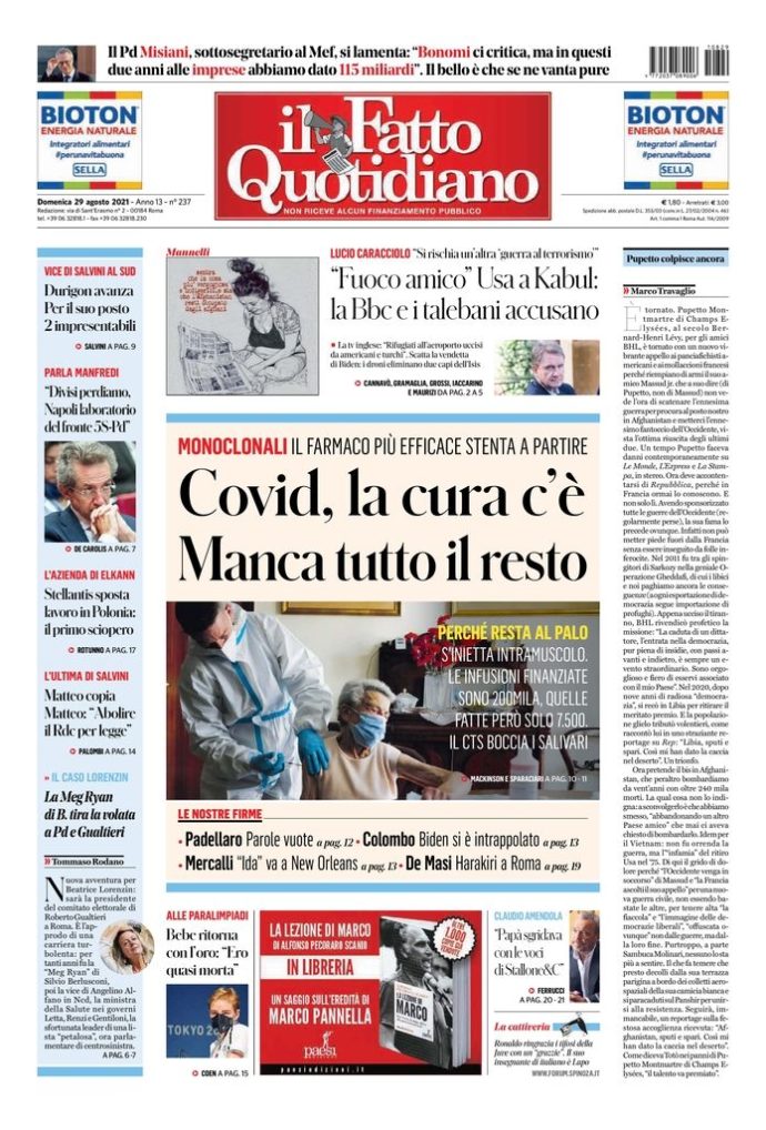 Copertina di domenica 29 agosto 2021