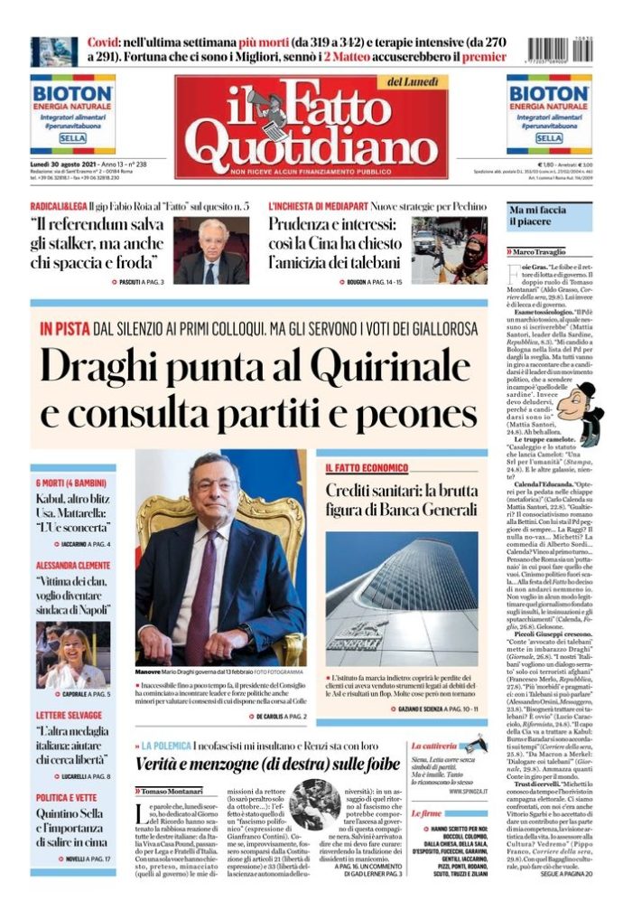 Copertina di lunedì 30 agosto 2021